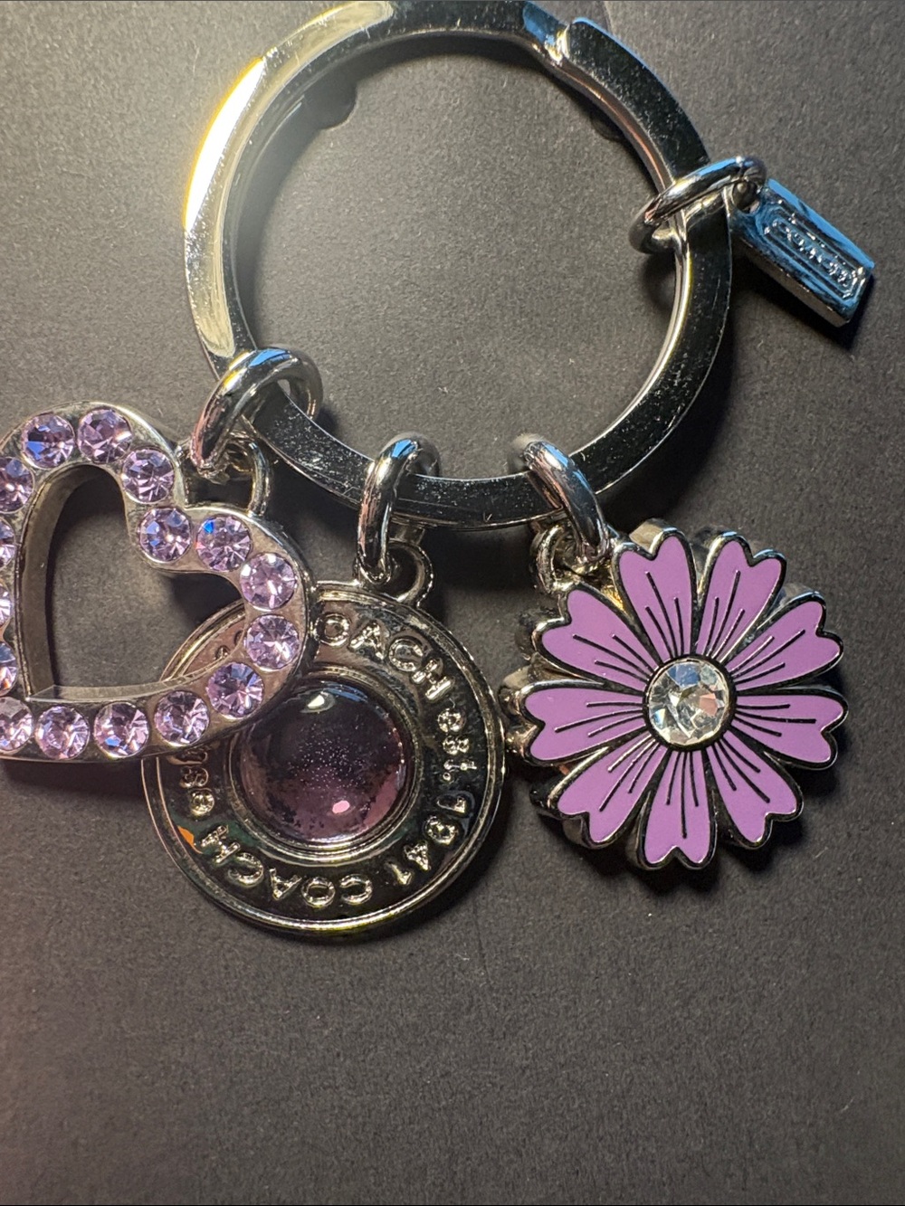Coach Purple Enamel Daisy & Crystal Heart Keyring
